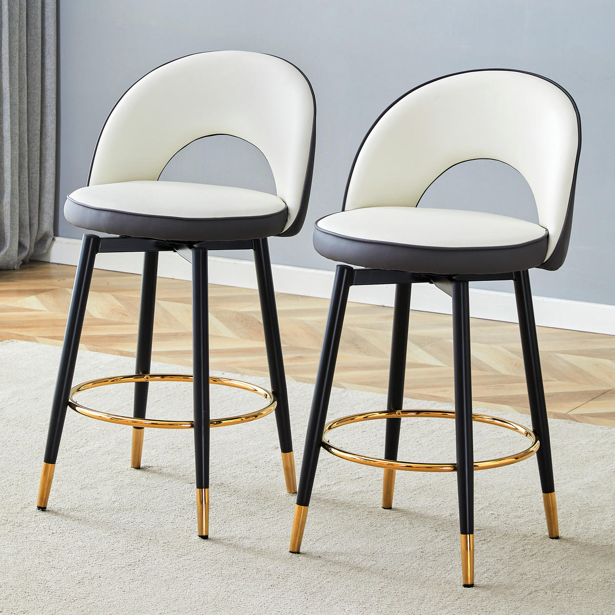 BARHOCKER 2er-Set Dunkelgrau/Weiß mit PU-Leder und 360° Drehfunktion - Dunkelgrau, Metall (44/91.5/44cm) - PANGIVO
