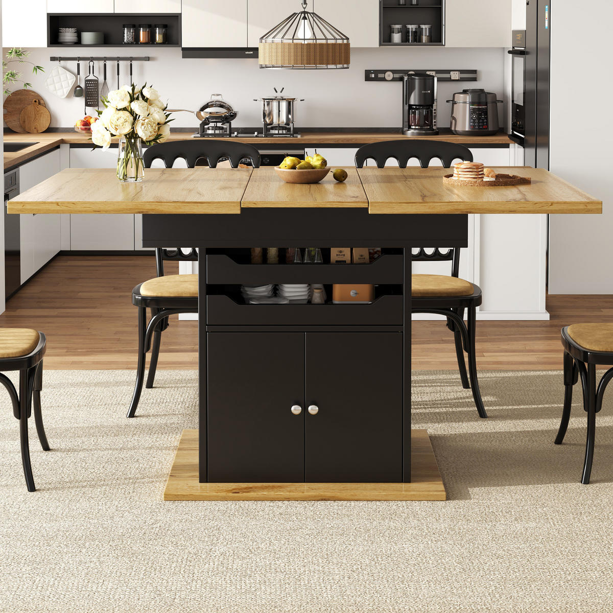 ESSTISCH 110-140x80x76 cm in Schwarz und Natur aus MDF mit Soft-Close ausziehbar - Naturfarben, Holzwerkstoff (80/140/76cm) - Modfu