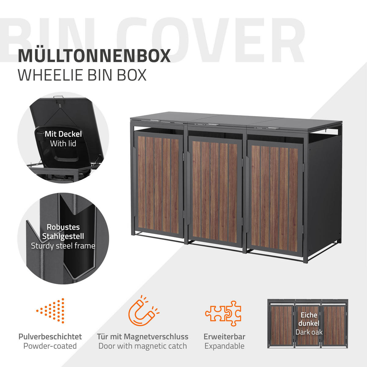 MÜLLTONNENBOX 3er 240L 196x80x120 cm Anthrazit-Eiche dunkel aus Stahl - Dunkelbraun, Metall (80/120/196cm) - ML-DESIGN