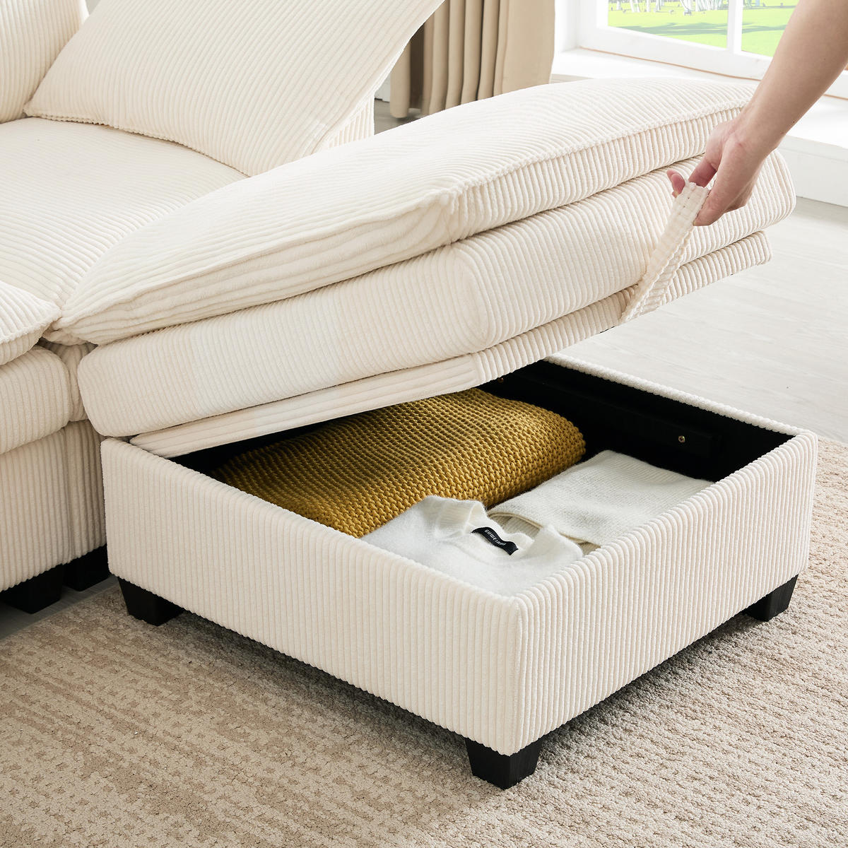 WOHNLANDSCHAFT Cord Beige mit USB, Stauraum und Getränkehaltern - Beige, Holzwerkstoff/Kunststoff (280/83/150cm) - WISHDOR