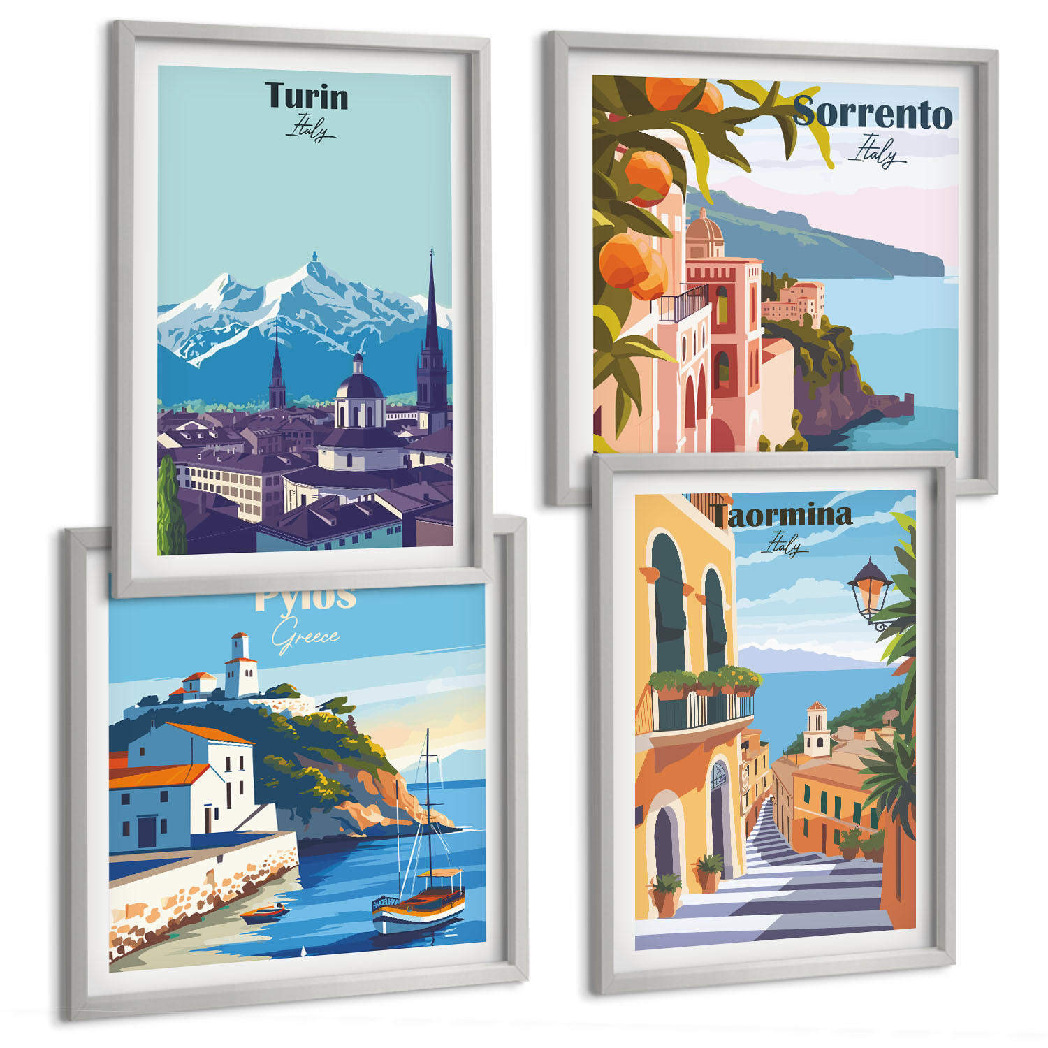 BILDER SET 4er Set - 50x50 cm & 40x60 cm Silberner Rahmen - Farbenfrohe Illustrationen von Retro-Städten - Silberfarben, Kunststoff (50/50cm) - TULUP