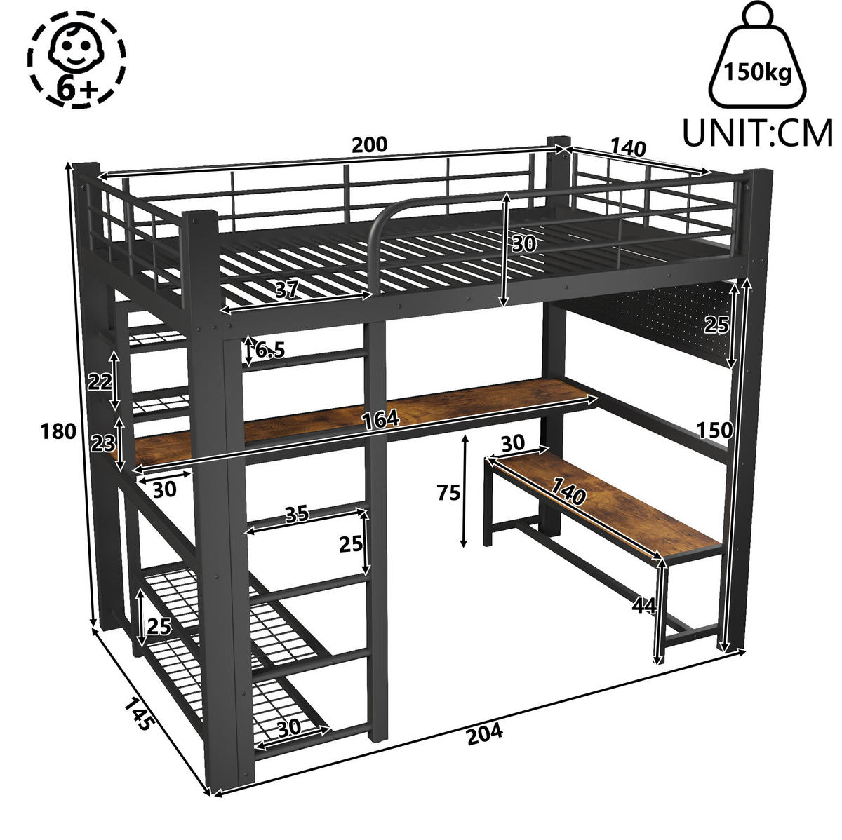 HOCHBETT 140/200 cm aus Metall mit LED-Beleuchtung, Schreibtisch und Stauraum - Schwarz, Metall (140/200cm) - Flora Grace