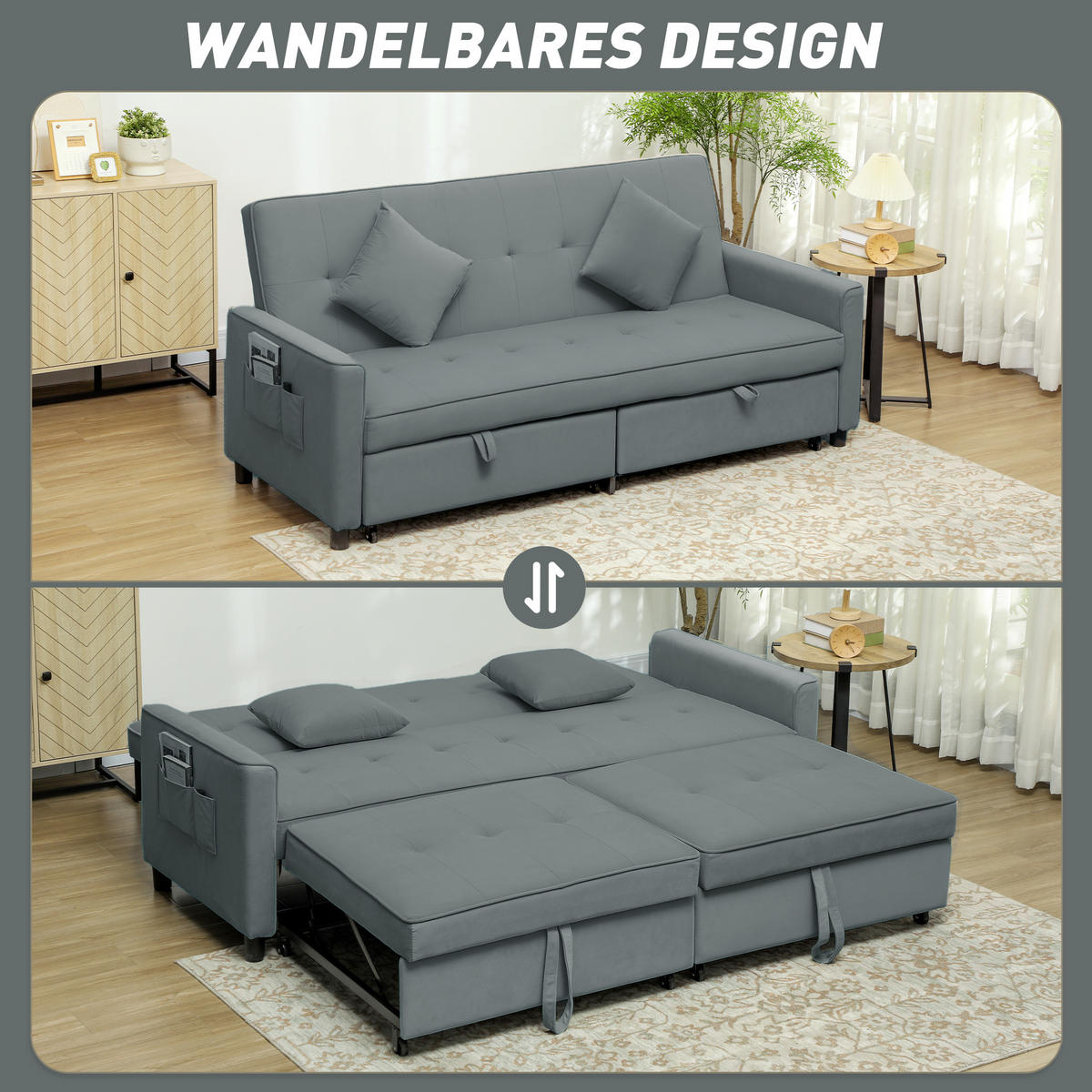 SOFABETT, 3-Sitzer-Couch, Schlafsofa mit ausziehbarem Bett, Grau - Grau, Textil (90/89/196cm) - HOMCOM