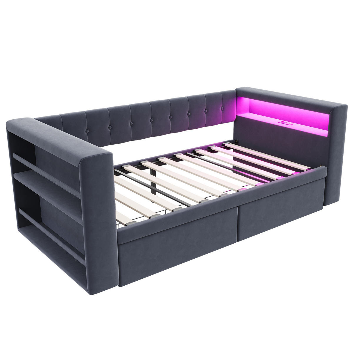 POLSTERBETT 90/190 cm mit LED-Beleuchtung, Steckdose, Stauraum und 2 Schubladen, Dunkelgrau - Dunkelgrau, Textil (90/190cm) - Redom