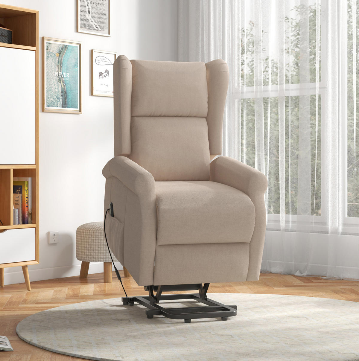 RELAXSESSEL mit elektrischer Liegefunktion, Aufstehhilfe 74/94/111 cm Cremeweiß - Creme, Holz (94/111/74cm) - Redom