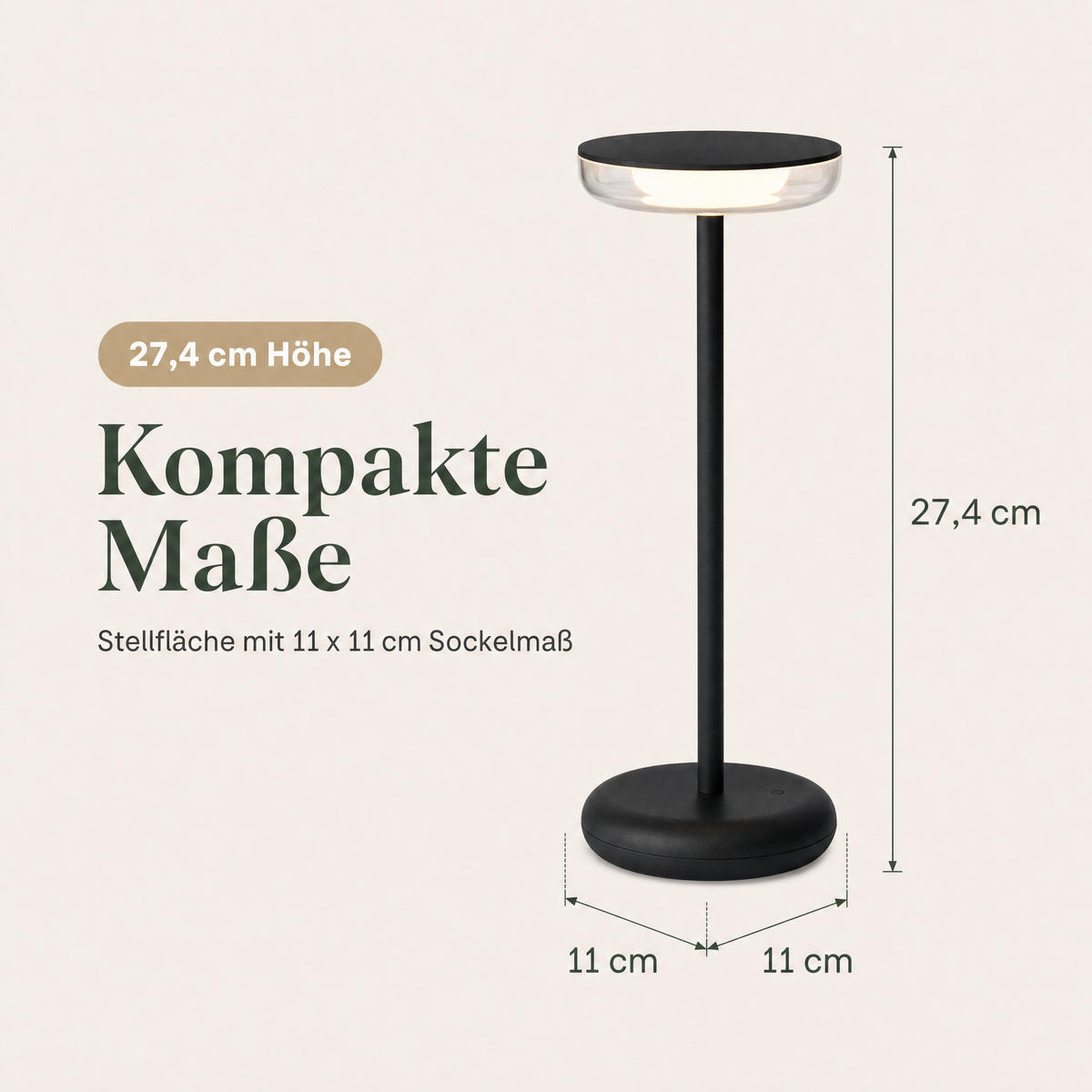 LED-TISCHLAMPE Schwarz Dimmbar Akku 1800mAh 180lm warmweiß Touch USB-C Nachttischleuchte Höhe 27,4 cm - Schwarz, Kunststoff (11/11/27.4cm) - Northpoint