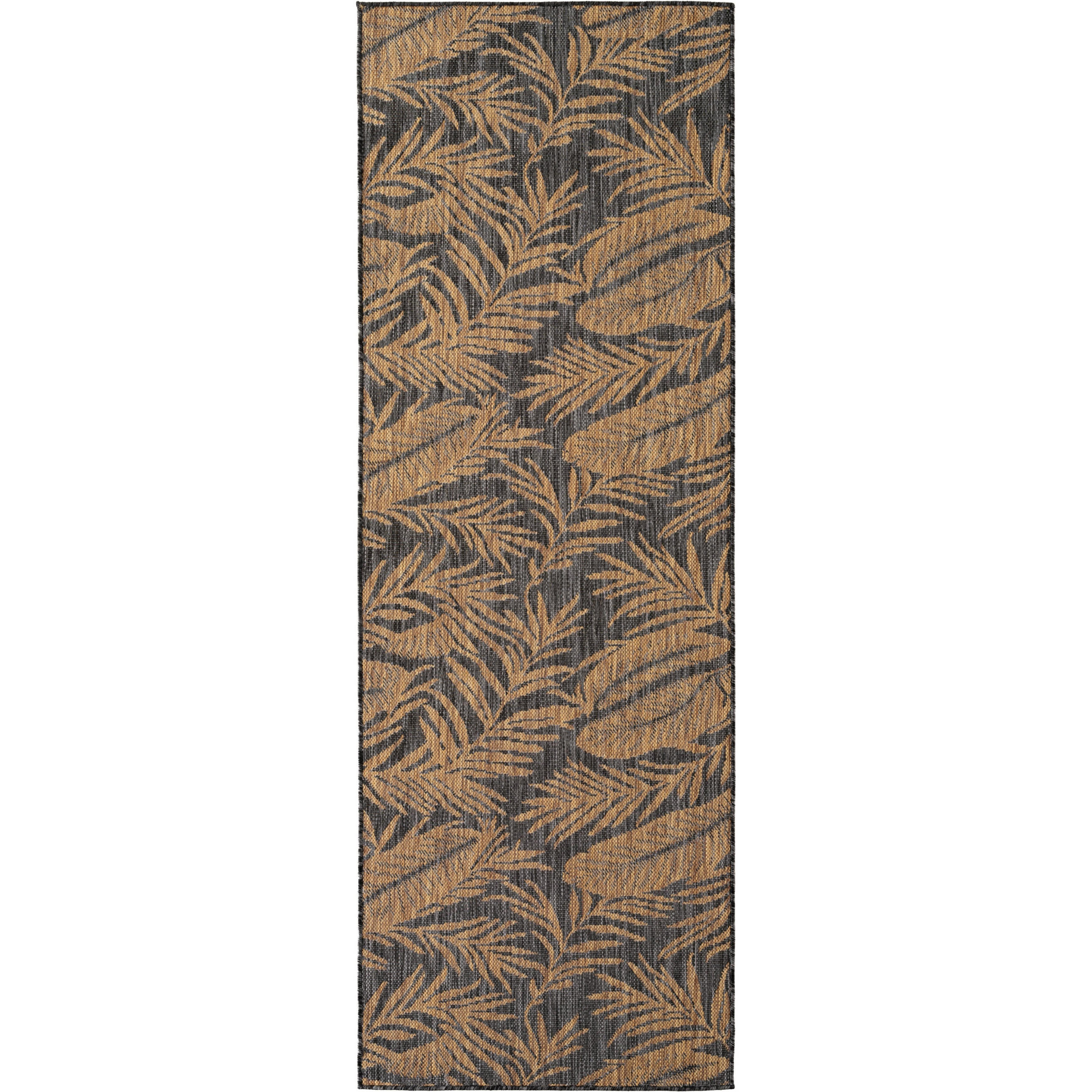 LÄUFER Outdoor, Fußbodenheizung-geeignet, mit Blattmotiv, VIGOLENO in Schwarz-Beige, 80 x 150 cm - Schwarz, Textil (80/150cm) - KADIMA DESIGN
