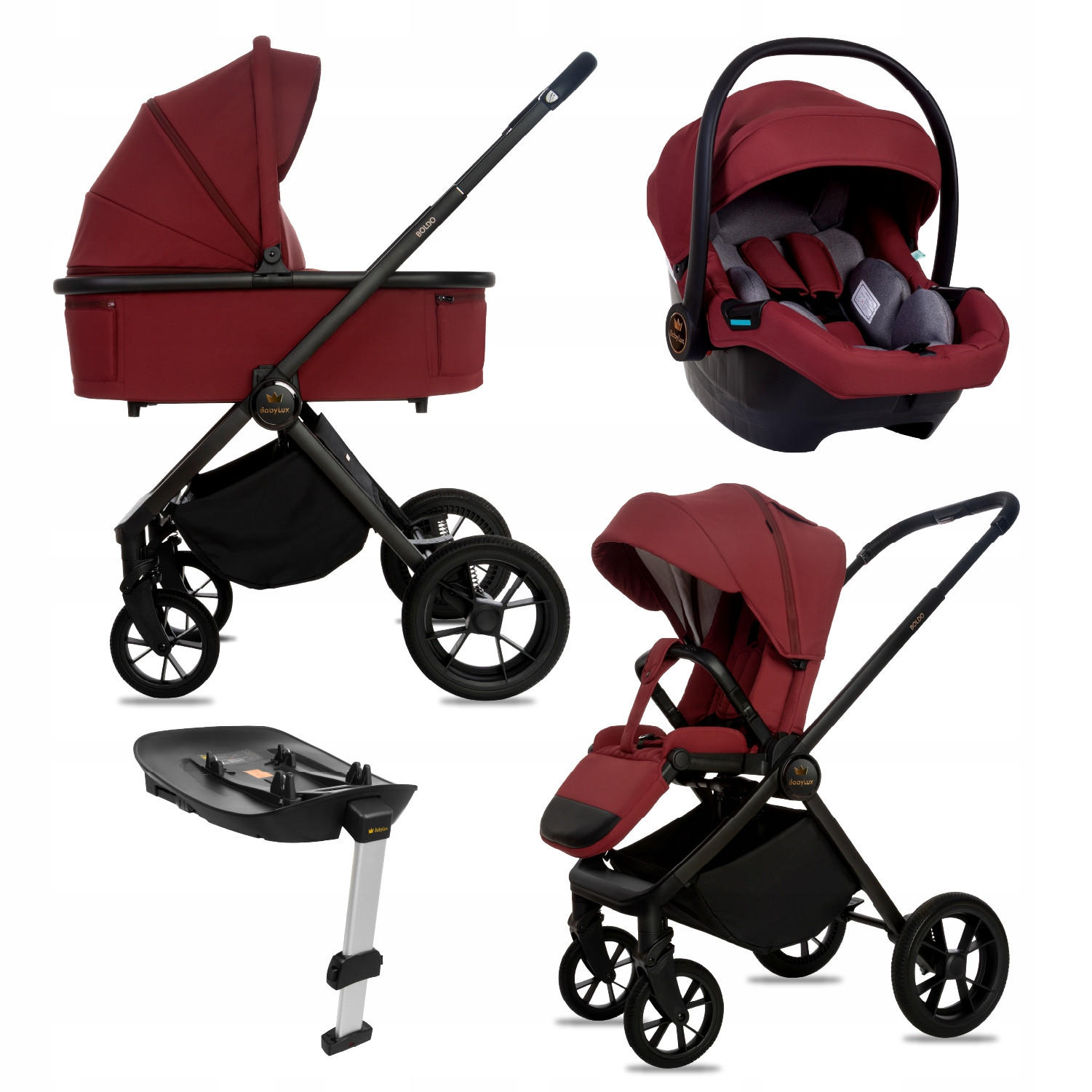 KINDERWAGEN Boldo 4in1 Brownie Babywanne, Reisebuggy, Autositz, Isofix Basis - Weinrot/Schwarz, Textil/Metall (58/98cm) - BabyLux