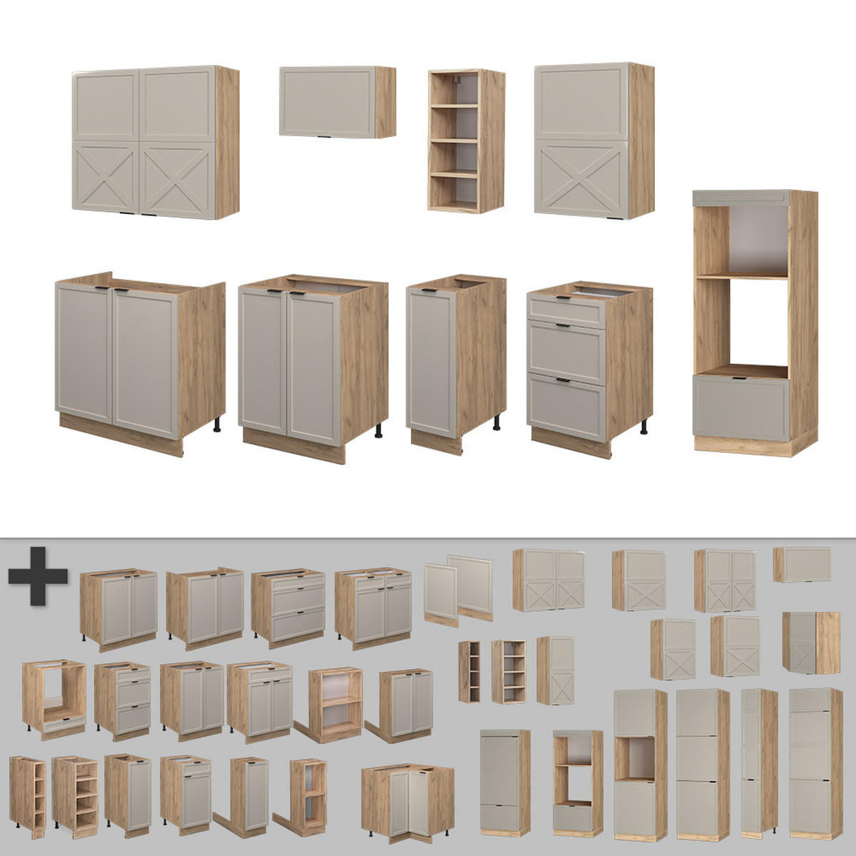 KÜCHENZEILE Fame-Line GrauBeige/Goldkraft Eiche 280 cm ohne AP - Honigeiche/Grau, Holzwerkstoff (280/81.6/46cm) - Vicco