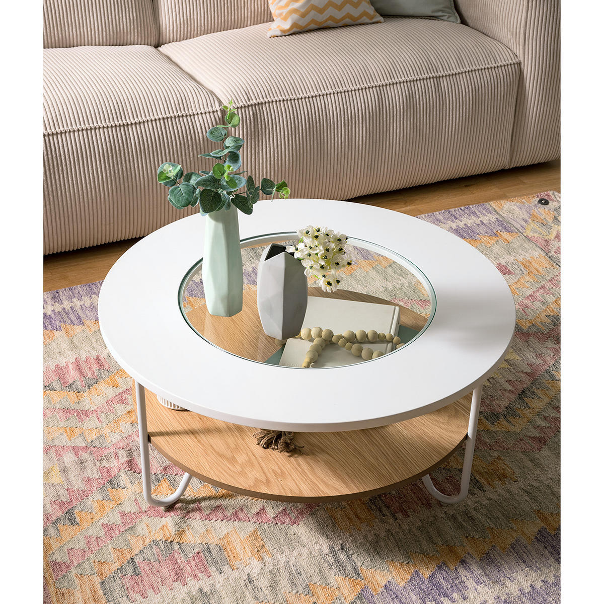COUCHTISCH - Metall - Weiß / Eiche Dekor - Eichefarben/Weiß, Holzwerkstoff/Metall (80/80/40cm) - home24