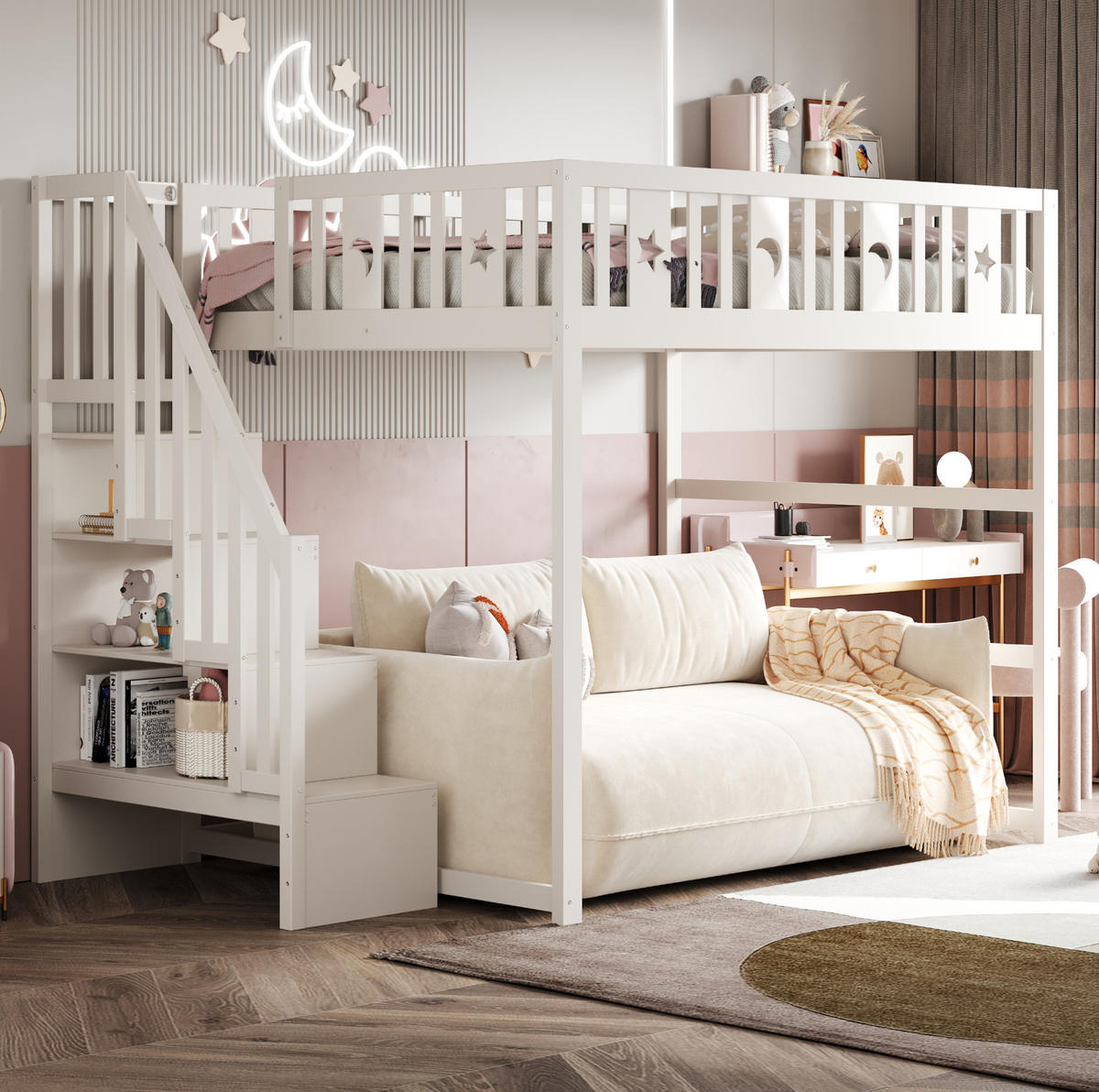 HOCHBETT 140/200 cm aus Massivholz mit Treppe, Regal und Sofabereich in Weiß - Weiß, Holz (140/200cm) - Flora Grace