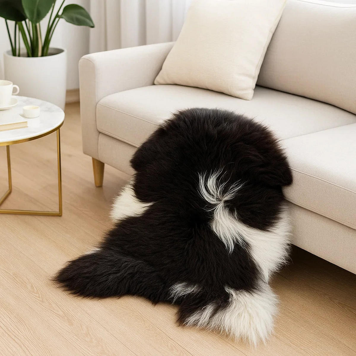 SCHAFFELL Ganzes Island Lammfell Langhaarig Naturfarben Weiß/Schwarz, ca. 120 cm - Schwarz, Fell (65/120cm) - Provellus