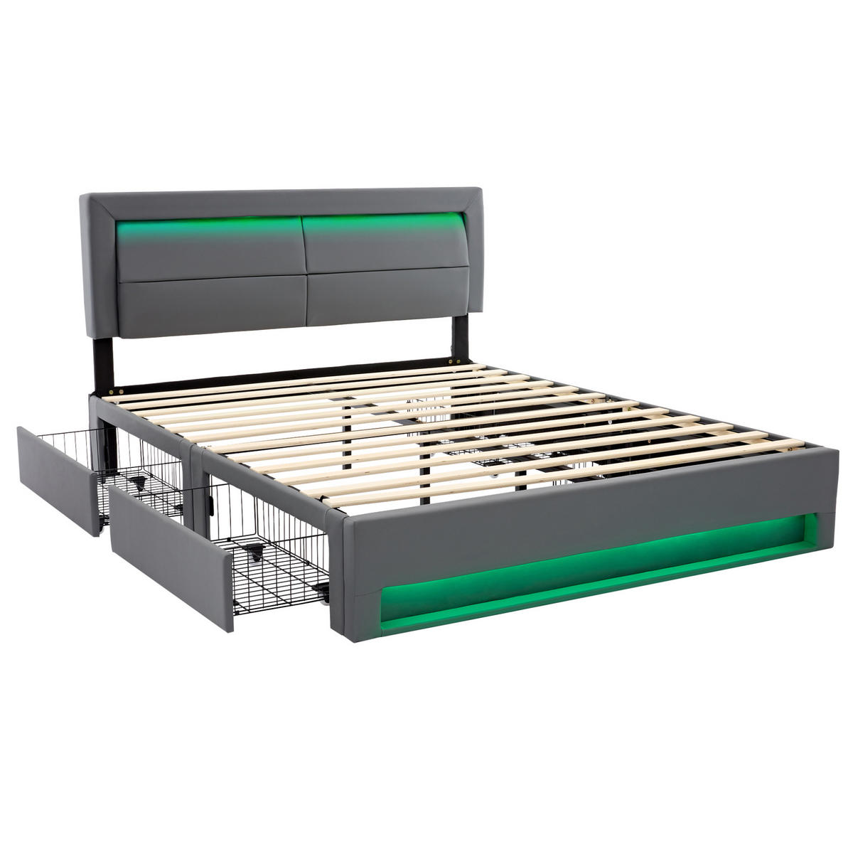 POLSTERBETT 140/200 cm mit LED & USB-Ladefläche, 4 Schubladen, PU-Bezug Grau - Grau, Kunststoff (140/200cm) - Redom