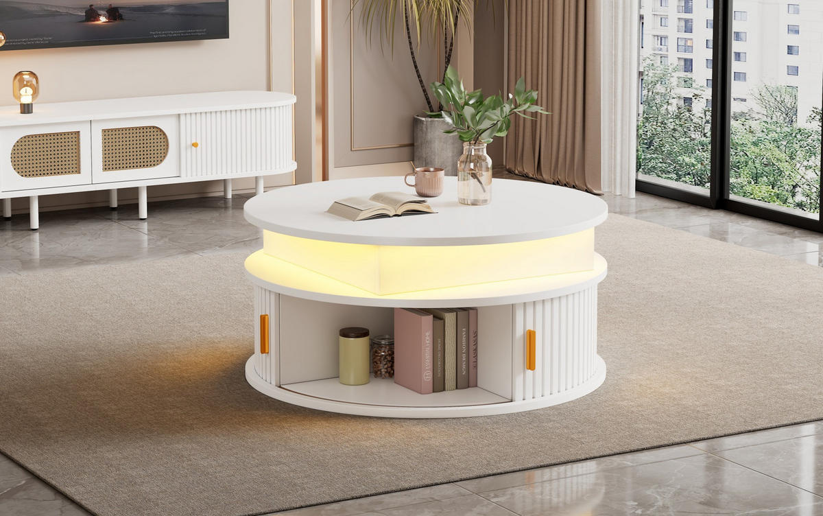 KULATÝ konferenční stolek 75 cm bílý z MDF s LED osvětlením a výškovým nastavením - bílá, kompozitní dřevo (75/75/52cm) - OKWISH