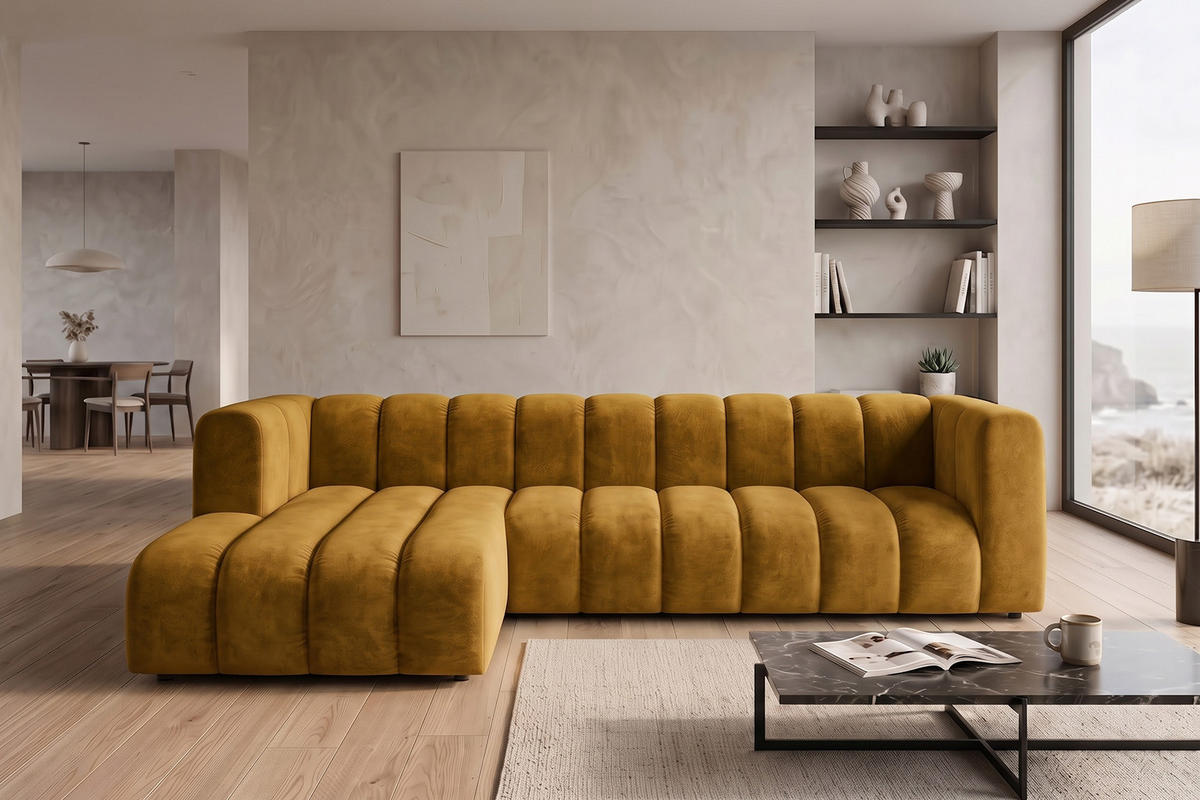 ECKSOFA Modulares In L-Form, Velvet-Stoff Riviera, Senffarbe, Links, GRAND 318 cm - Gelb, Holz (318/179cm) - Kaiser Möbel