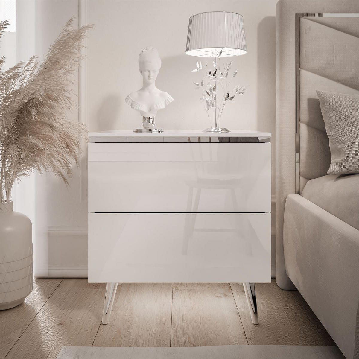 NACHTTISCH AURORA II SILVER Hochglanz Weiß mit LED-Beleuchtung – mit schrägen verchromten Beinen - Weiß Hochglanz, Holzwerkstoff (50/53/37cm) - Lookway