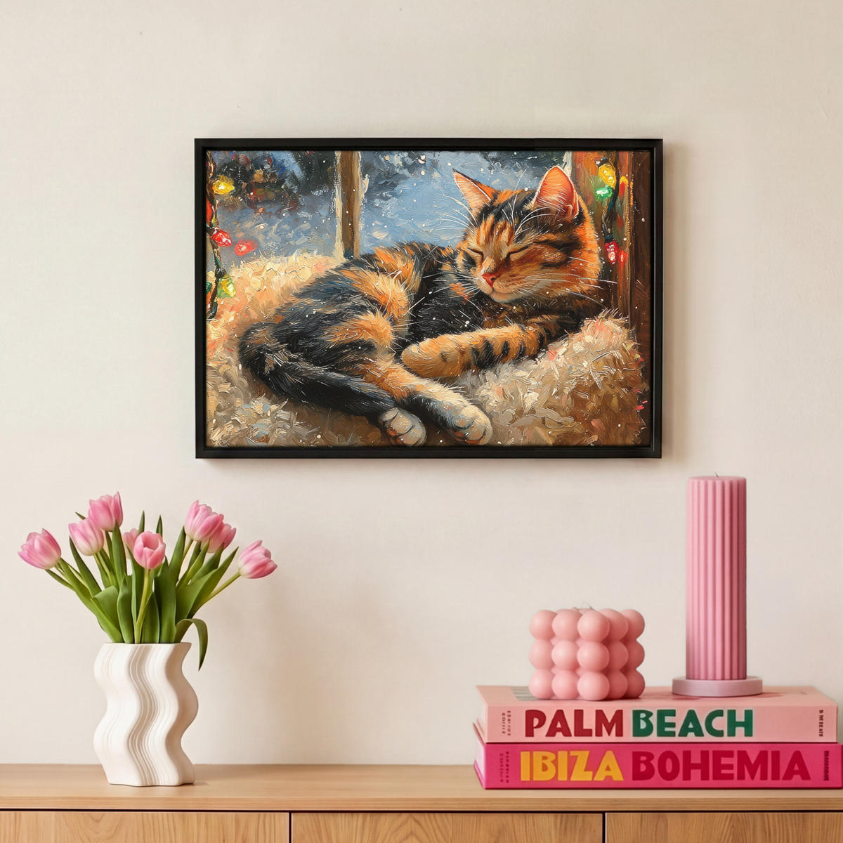 LEINWAND Bilder mit Rahmen - Katze - Weihnachten - Winter - Tier - 30x20 - Bernsteinfarben, Textil (30/20cm) - MuchoWow
