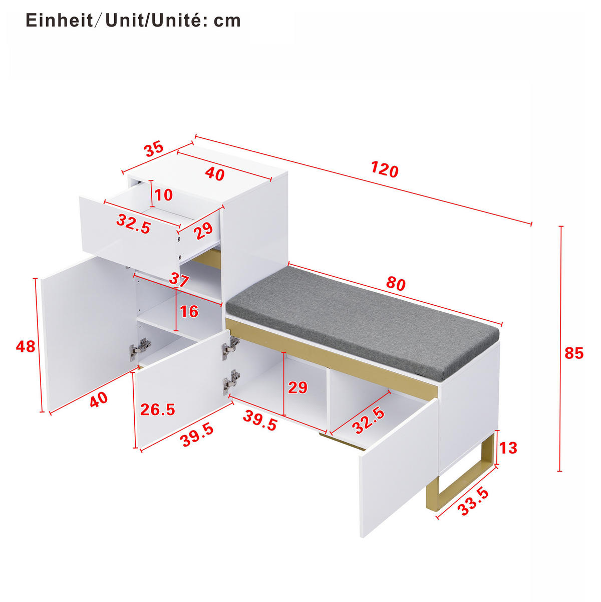 SCHUHSCHRANK 120/35/85 cm in Weiß mit Sitzkissen und Schublade - Weiß, Holzwerkstoff (120/85/35cm) - Flora Grace