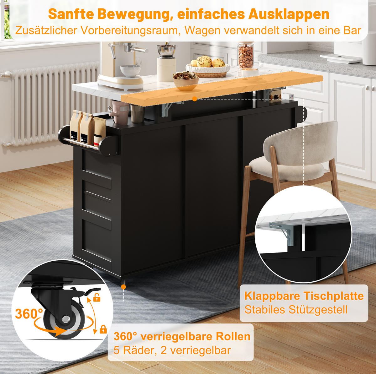 KÜCHENINSEL mit klappbarer Arbeitsplatte 138 x 60 x 93 cm MDF Schwarz - Schwarz, Holz (60/93/138cm) - Beauniv
