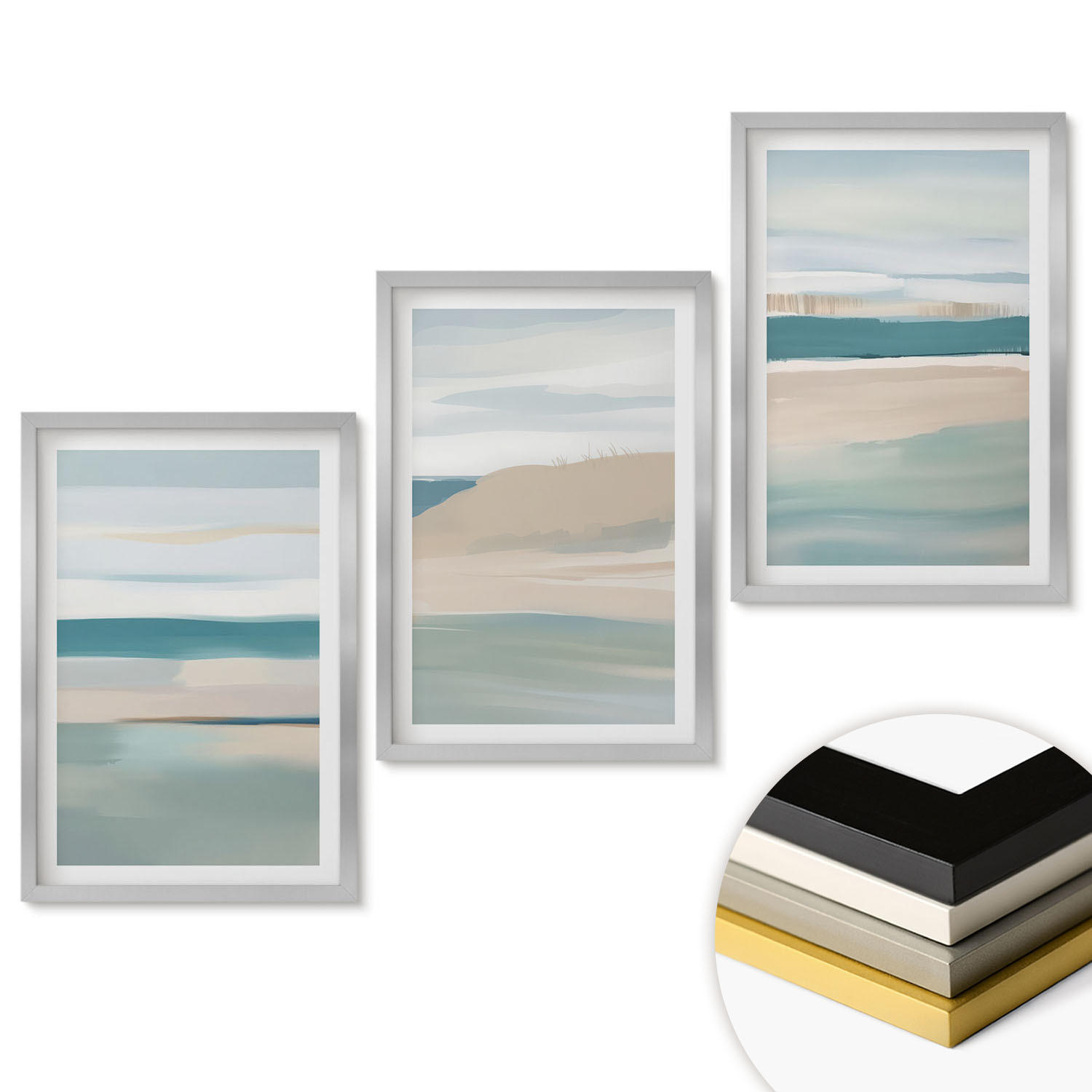 WANDBILDER 3er Set - 40x60 cm Silberner Rahmen - Abstrakte blaue Landschaften - Silberfarben, Kunststoff (40/60cm) - ArtPrintCave