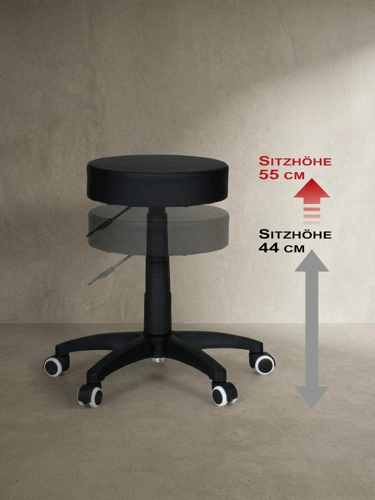 ARBEITSHOCKER Lederoptik 360° drehbar, höhenverstellbar, stabil, Schwarz 50x50x55 cm - Schwarz, Kunststoff/Textil (50/55/50cm) - KADIMA DESIGN