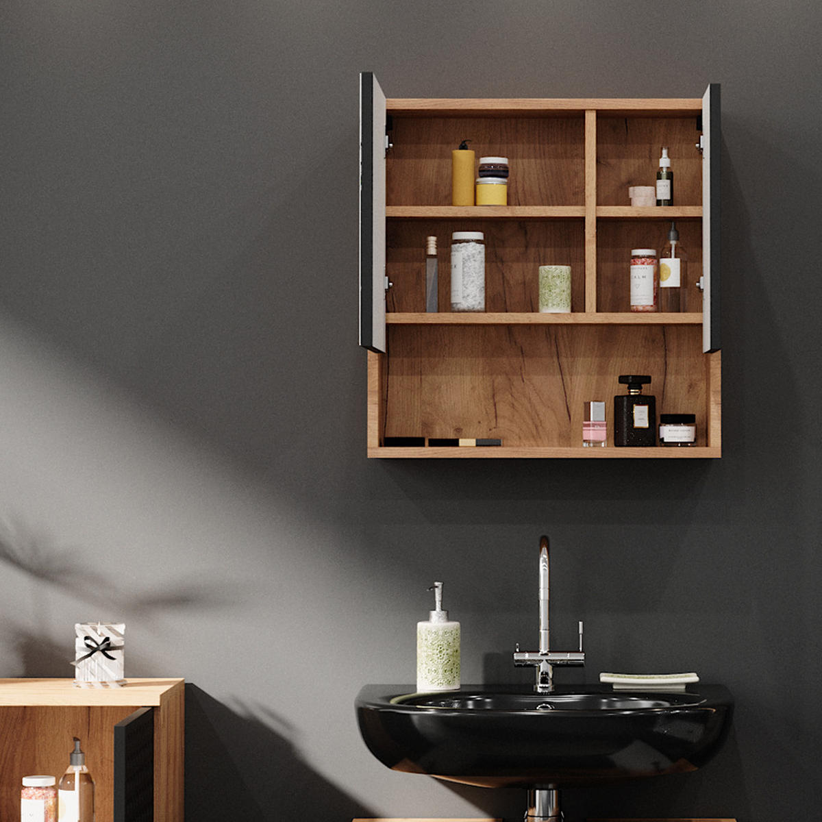 BADSPIEGELSCHRANK Irma Anthrazit gepunktet 54 x 55 cm - Honigeiche/Anthrazit, Holzwerkstoff (54/55/16.9cm) - Vicco