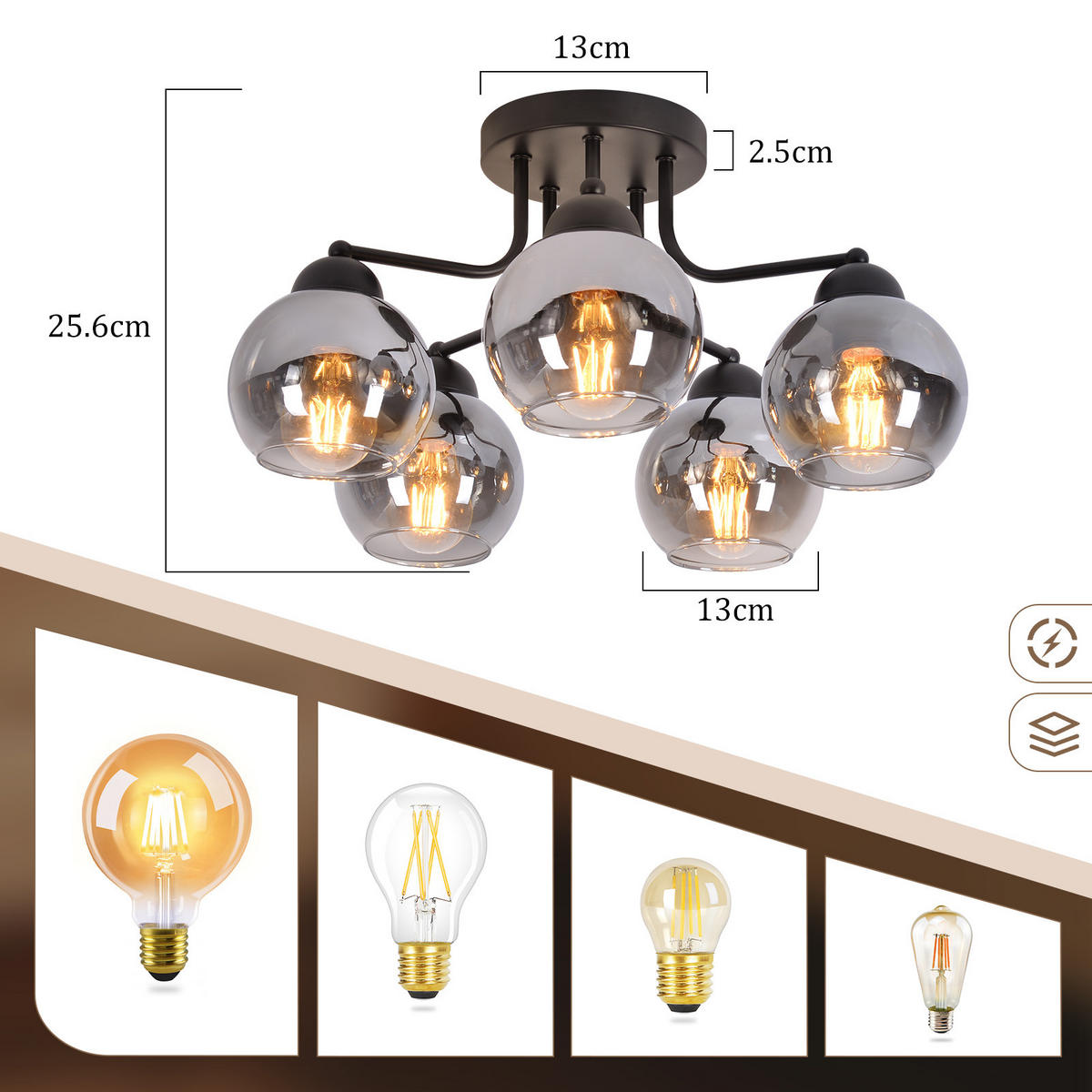 DECKENLEUCHTE Nilsa 38/38/25.6 cm - Schwarz, Glas (25.6/38/38cm) - ZMH