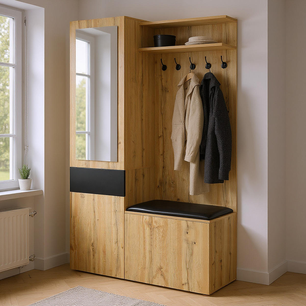GARDEROBE mit Spiegel und Aufbewahrung 2 Türen und 3 Ablageflächen - Eichefarben, Holzwerkstoff/Metall (98/191/38cm) - Urban Meuble
