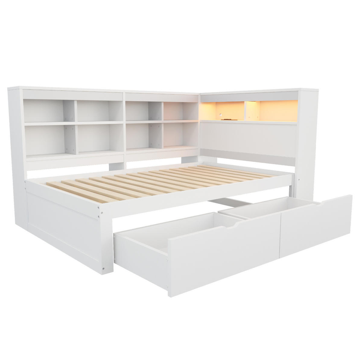 TAGESBETT 90x200 cm Weiß mit LED, USB-Steckdose und viel Stauraum - Weiß, Holzwerkstoff (90/200cm) - Modfu