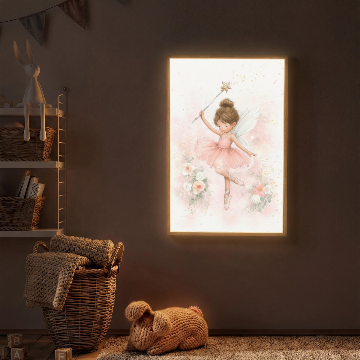 NÁSTĚNNÁ LAMPA S AKUMULÁTOREM Baletka - Víla - Květiny - Růžová 60x90 cm - růžová, kompozitní dřevo (60/90/8cm) - OnlyWow