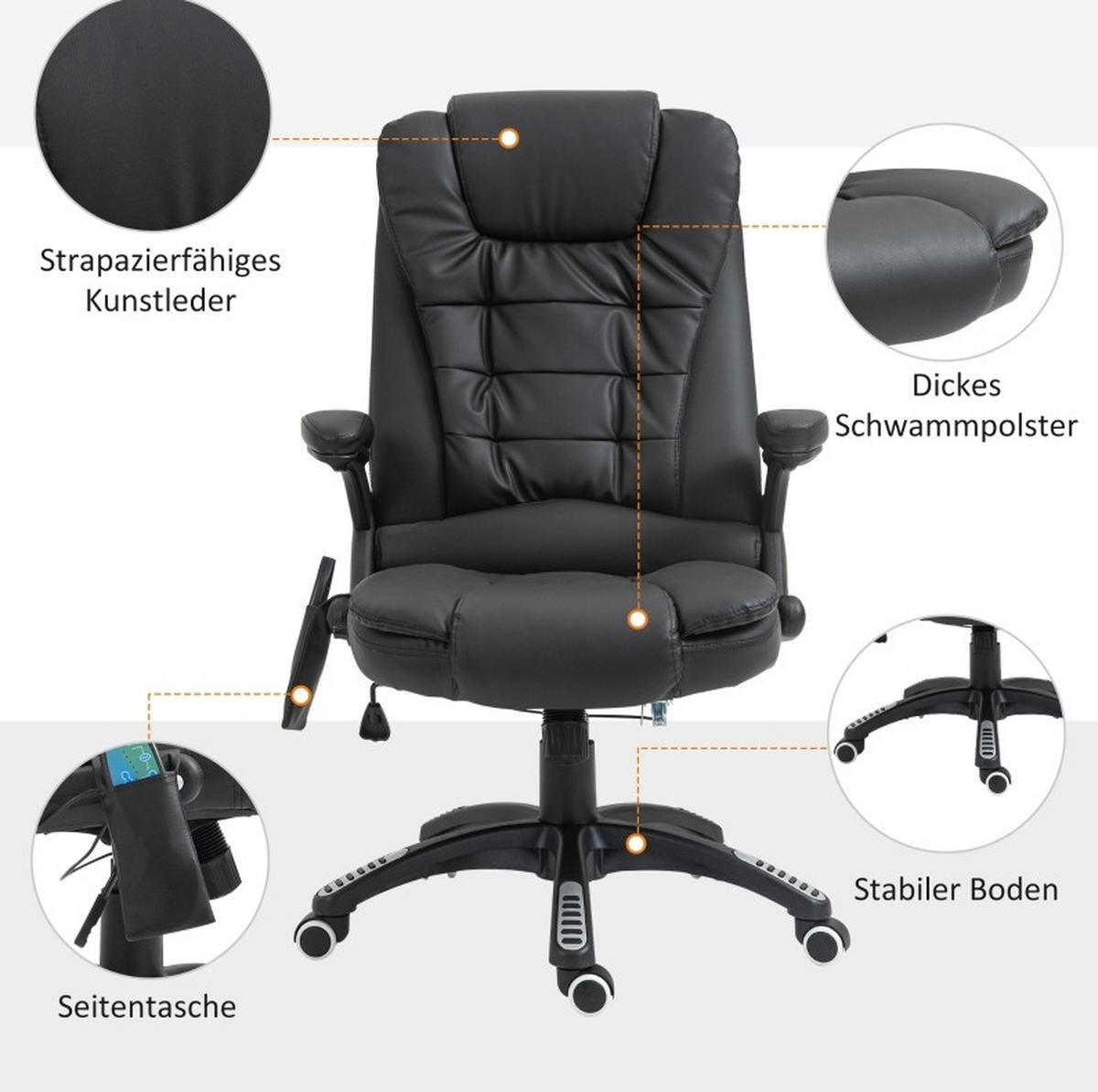 CHEFSESSEL in Schwarz 70x70x121 cm mit Massage- und Wärmefunktion, höhenverstellbar - Schwarz, Kunststoff (70/121/70cm) - IVMEU