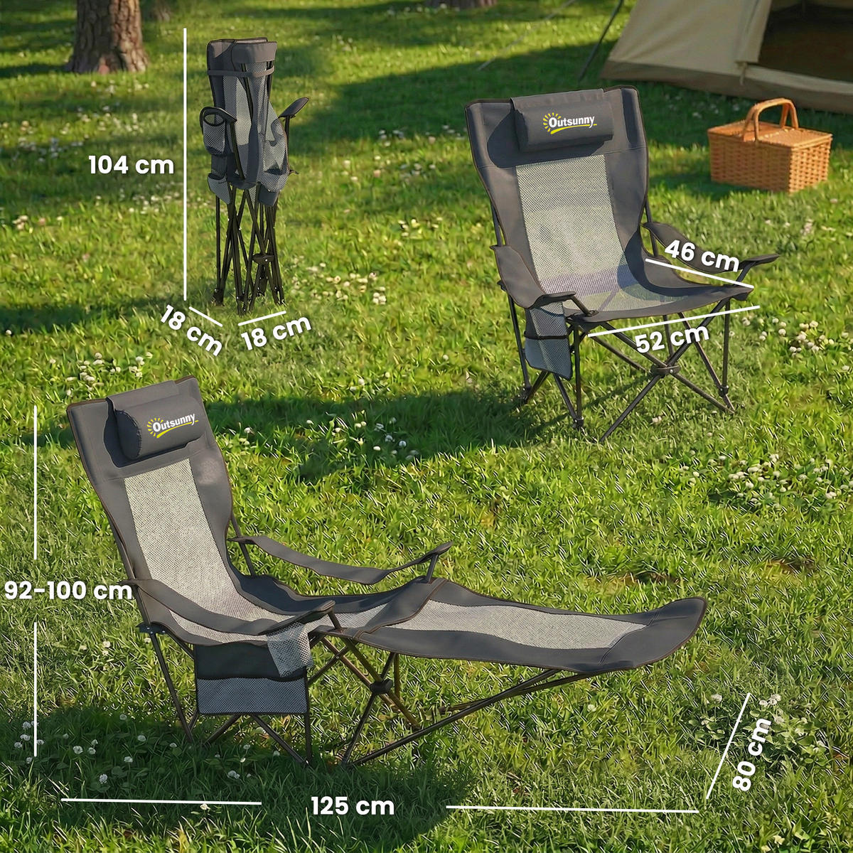 CAMPINGSTUHL mit Fußablage 2er Set Edelstahl, 600D Oxford-Gewebe Dunkelgrau - Dunkelgrau/Schwarz, Metall (80/100/125cm) - Outsunny