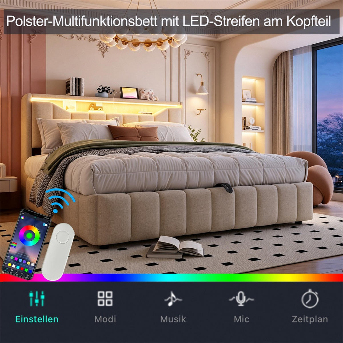 POLSTERBETT 180x200 cm mit hydraulischem Stauraum - klappbarem Kopfteil, LED & USB - Beige - ohne Matratze - Beige, Textil (180/200cm) - DELFA