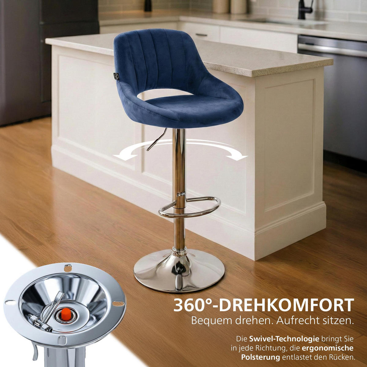 BARHOCKER Samt Blau - Chromfarben/Blau, Textil/Metall (47/85/48cm) - CLP