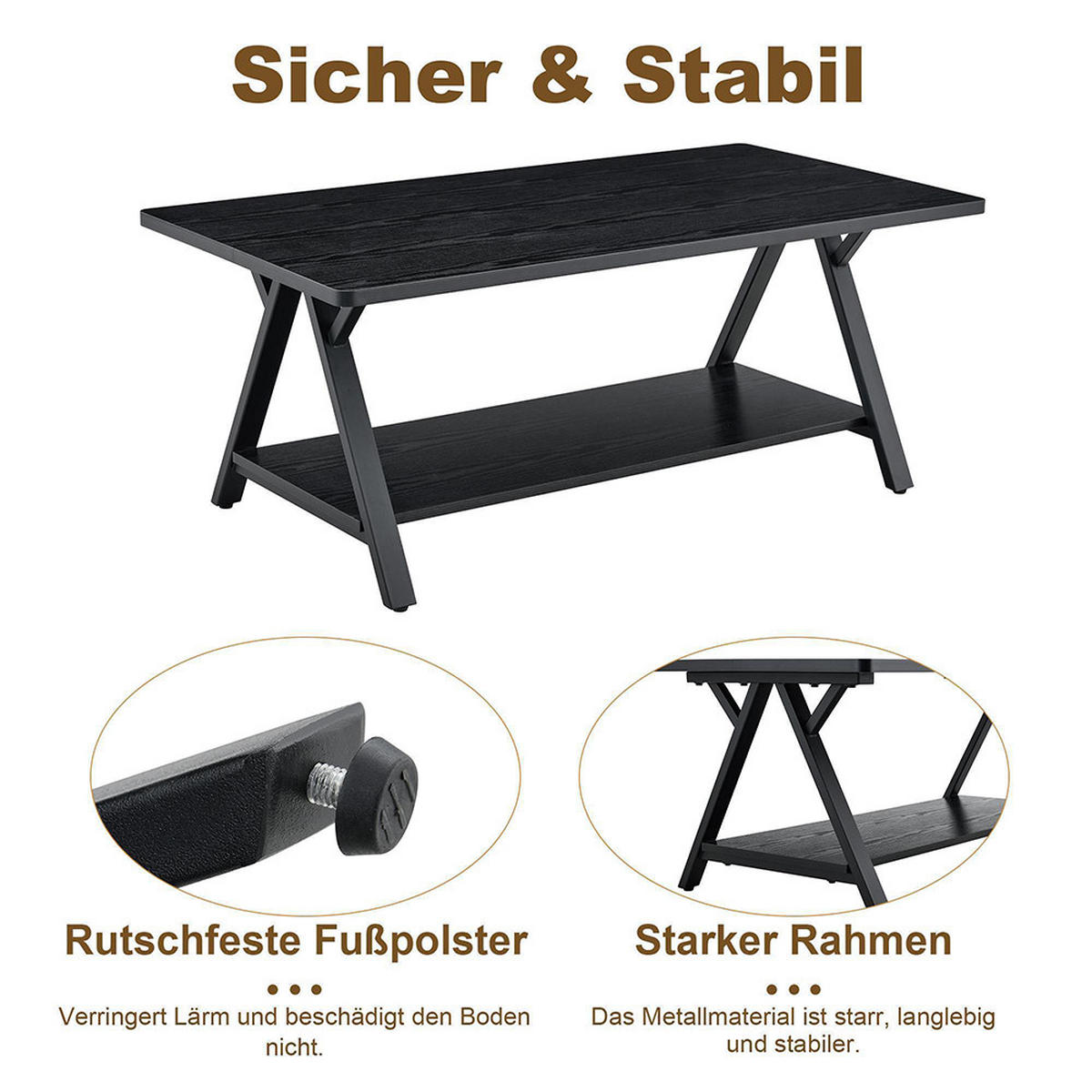 COUCHTISCH 110x57x44,5cm 110x57x44,5cm, schwarzer Holzmaserung und Metallrahmen - Schwarz, Holz/Holzwerkstoff (110/57/44.5cm) - KOMHTOM