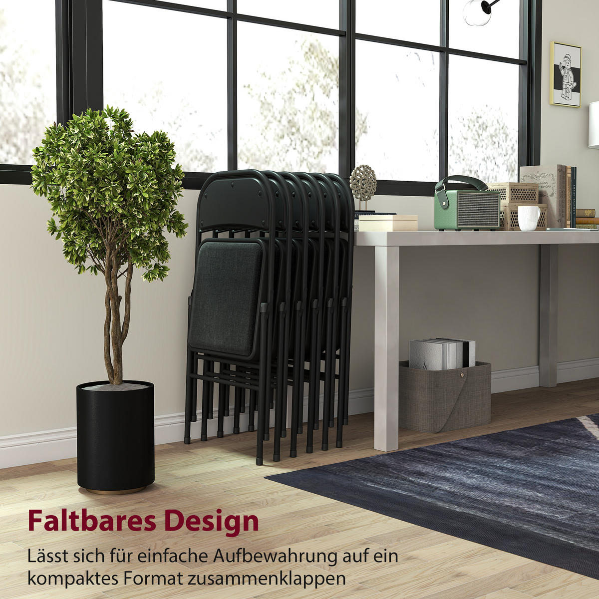 2ER-SET Klappstühle Tragbare Bürostuhl mit Kissen Stahlbeine Leinenoptik Schwarz - Schwarz, Textil/Metall (45/78/46cm) - HOMCOM