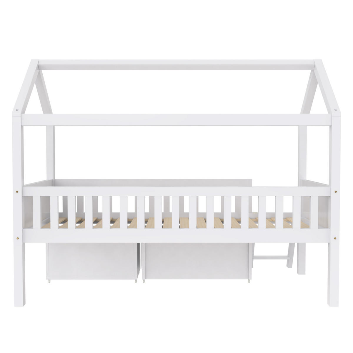 HAUSBETT 90/200 cm Weiß mit Schubladen und Anti-Drop-Geländer - Weiß, Holz (90/200cm) - OKWISH