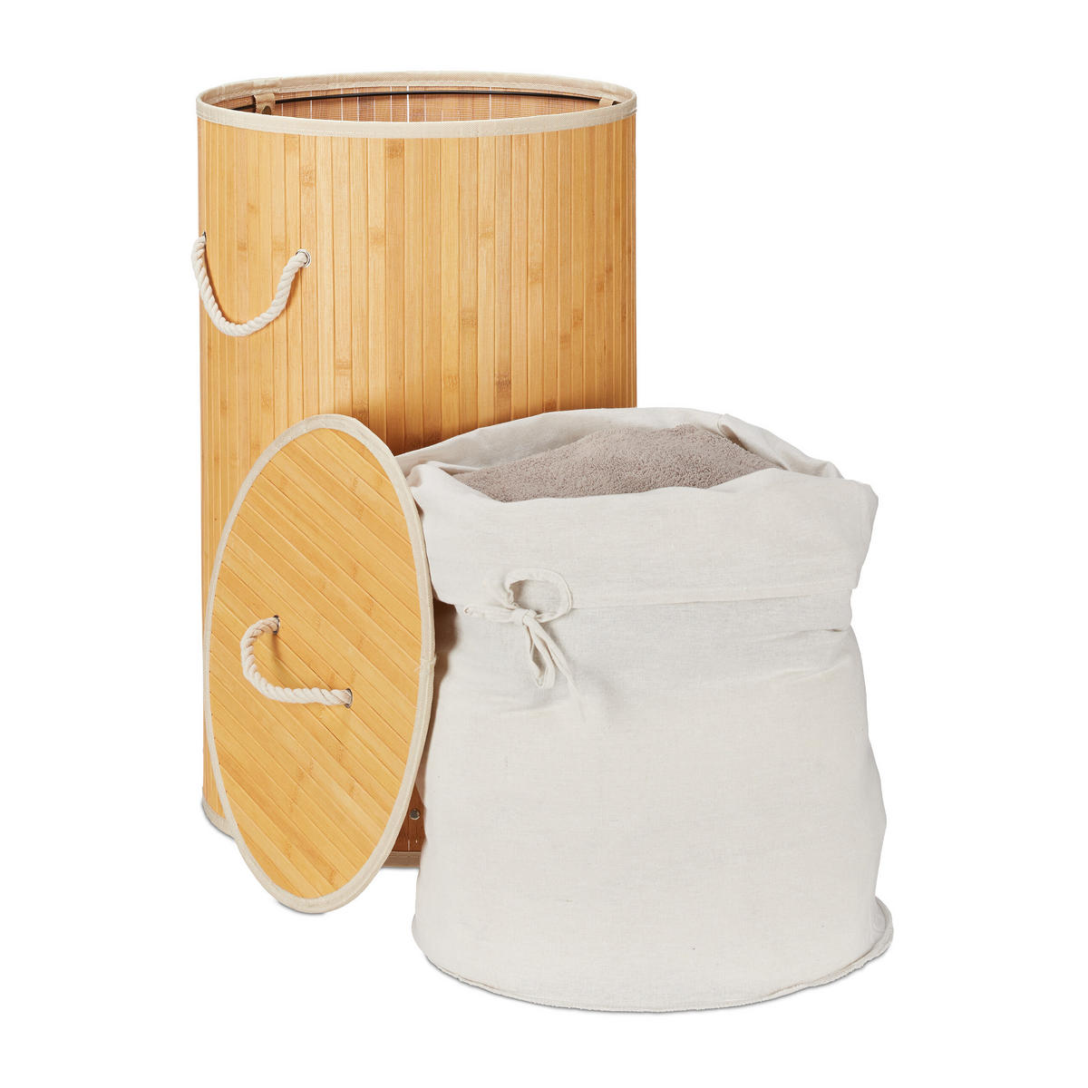 TVÄTTKORG kräm bambu rund med lock hopfällbar 70 l - Cremefärgad, Trä/Textil (41/65/41cm) - Relaxdays