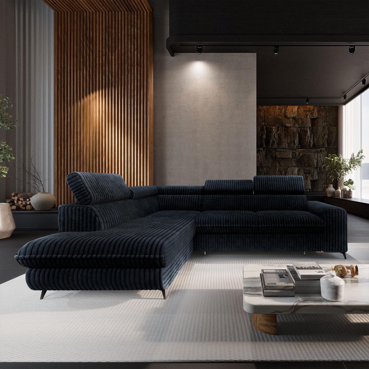 ECKSOFA VELISS Schwarz Kordstoff mit Schlaffunktion - Schwarz, Holz (255/193cm) - MASSENO