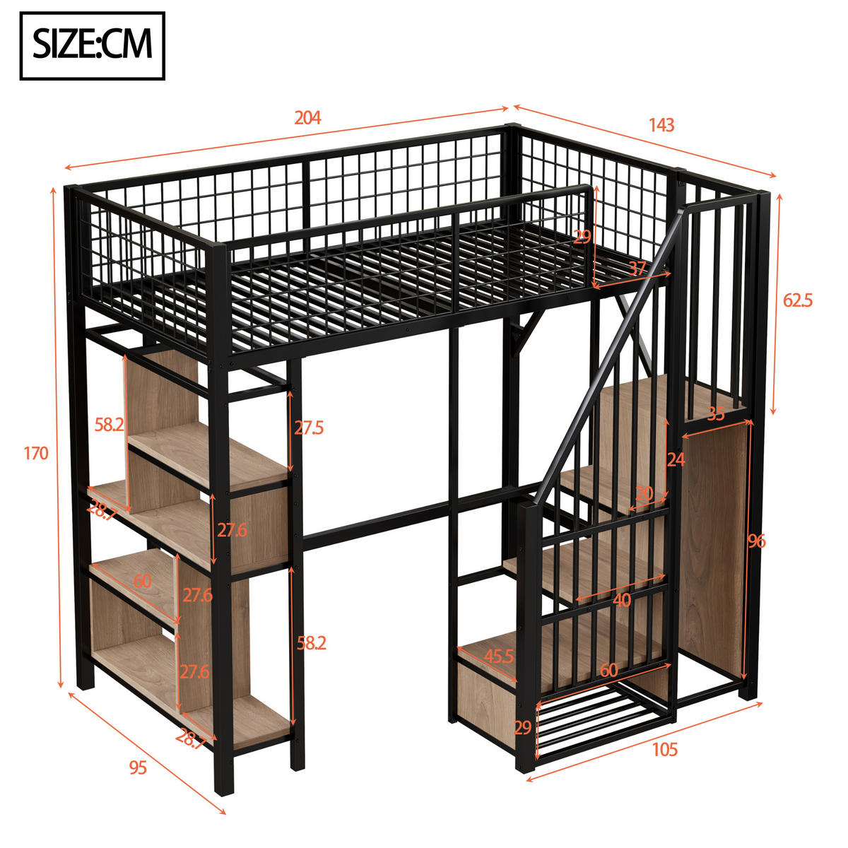 HOCHBETT 90/200 cm schwarz mit Stauraumtreppe und Ablageflächen - Schwarz, Metall (90/200cm) - OKWISH
