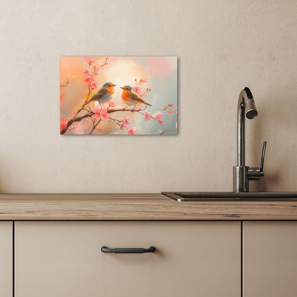 LEINWANDBILD Rotkehlchen - Zierpflanze - Blütenzweig 30x20 cm - Hellrosa, Textil (30/20cm) - MuchoWow