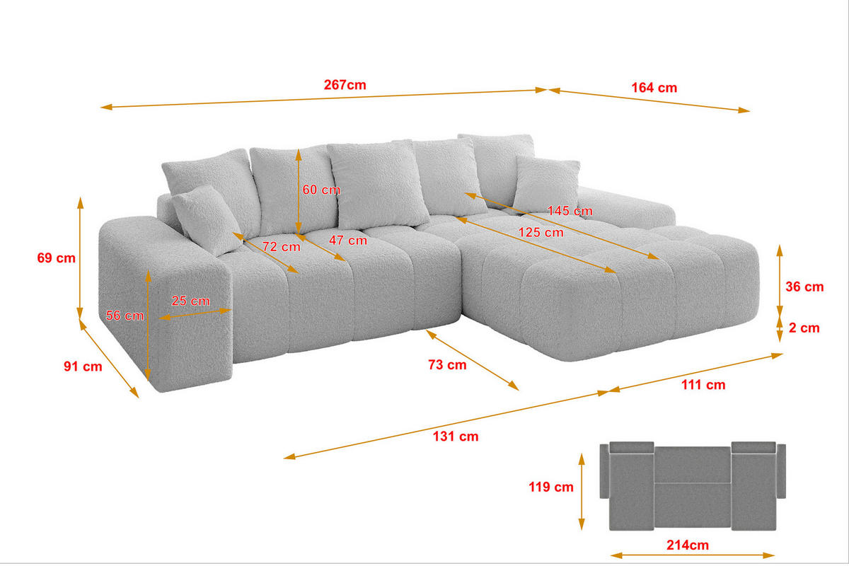 ECKSOFA Ottomane Rechts ENSI-L - 267x164x69 cm Hellgrau - Hellgrau, Holzwerkstoff/Kunststoff (164/267cm) - ALTDECOR