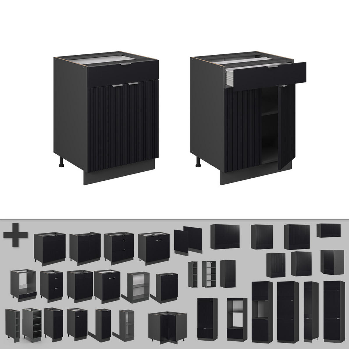 KÜCHENUNTERSCHRANK Fame-Line, Schwarz gestreift, 60 cm mit Schublade, AP Eiche - Anthrazit/Schwarz, Holzwerkstoff (60/82/60cm) - Vicco