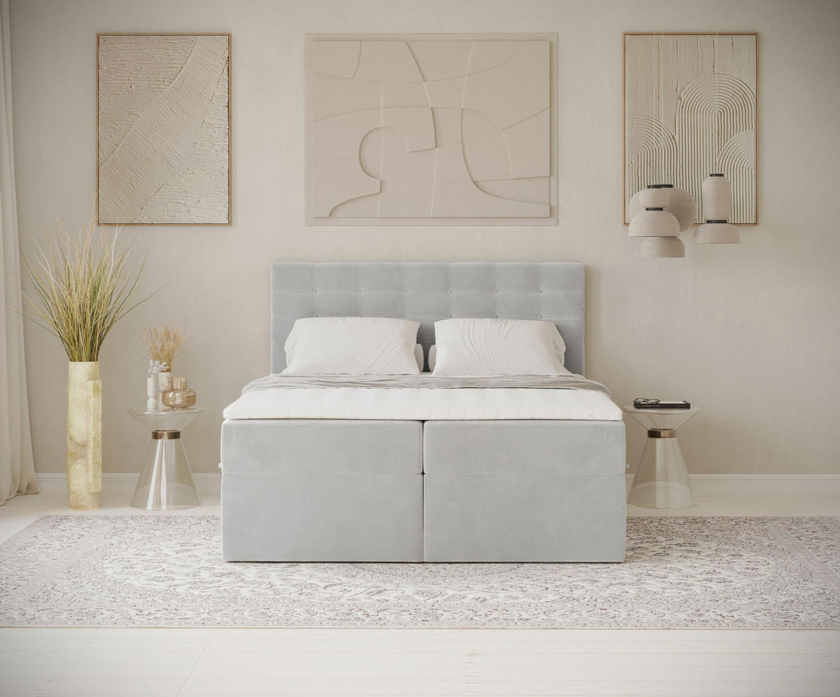 BOXBETT Sansa Hellgrau 120/200 cm mit Taschenmatratze und Topper - Hellgrau/Schwarz, Holz/Holzwerkstoff (120/200cm) - Maison de Reve