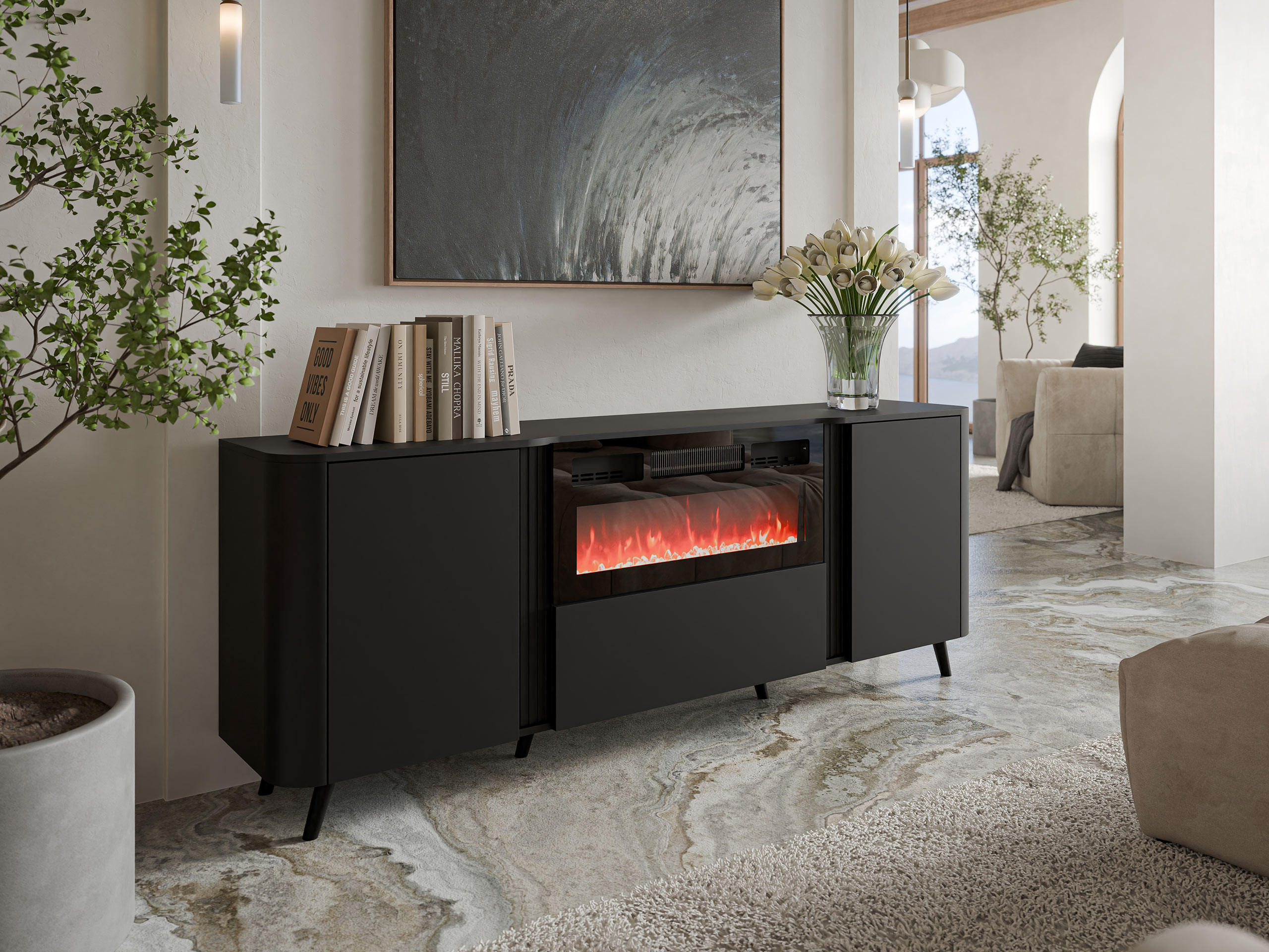 KOMMODE Volare 200 EF mit Kamin - Schwarz, Holzwerkstoff/Kunststoff (200/76/39cm) - MIRJAN24