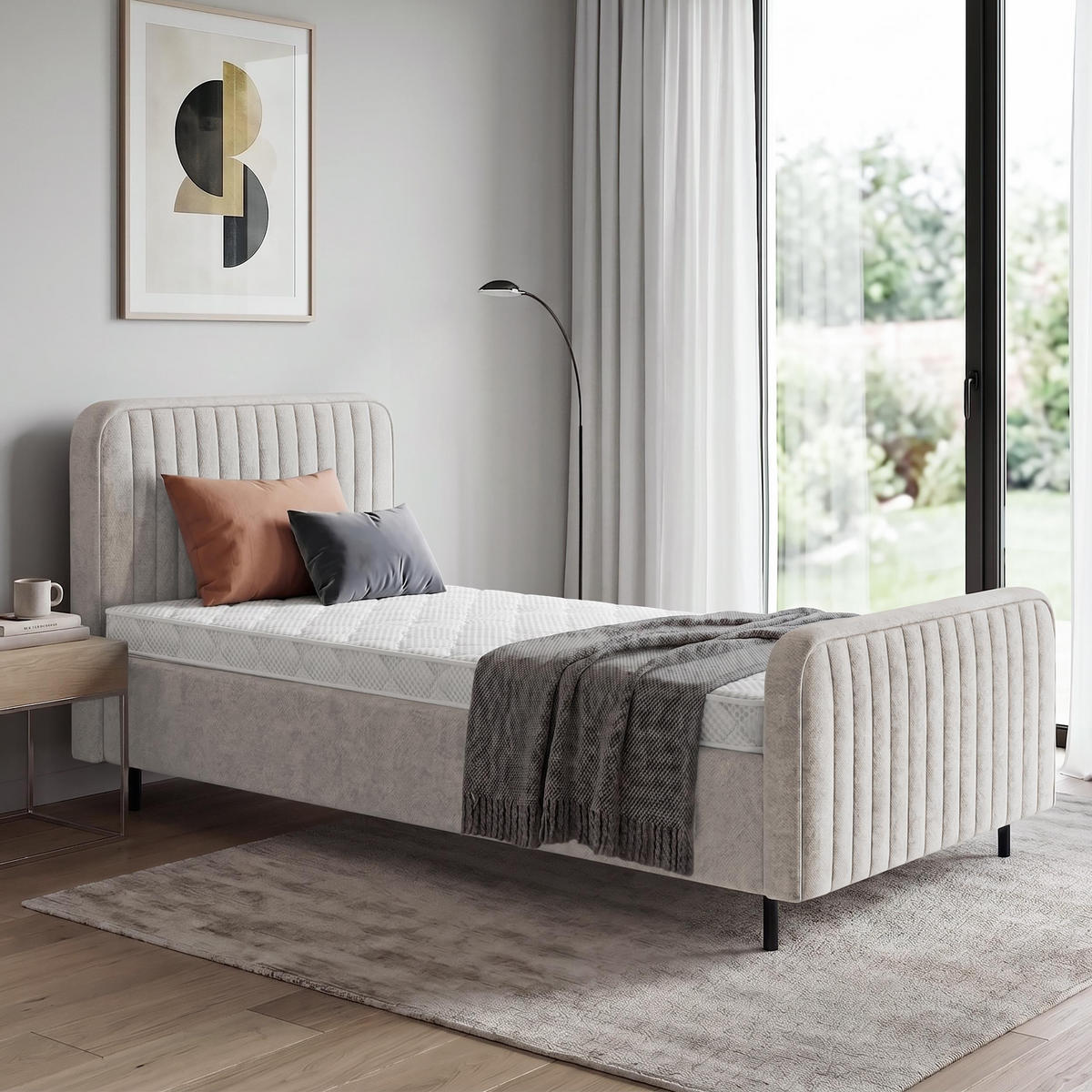 POLSTERBETT Lami 90x200, Einzelbett mit Bettkasten und Schaumstoffmatratze 10 cm, Beige - Beige/Schwarz, Textil/Metall (90/200cm) - Beautysofa