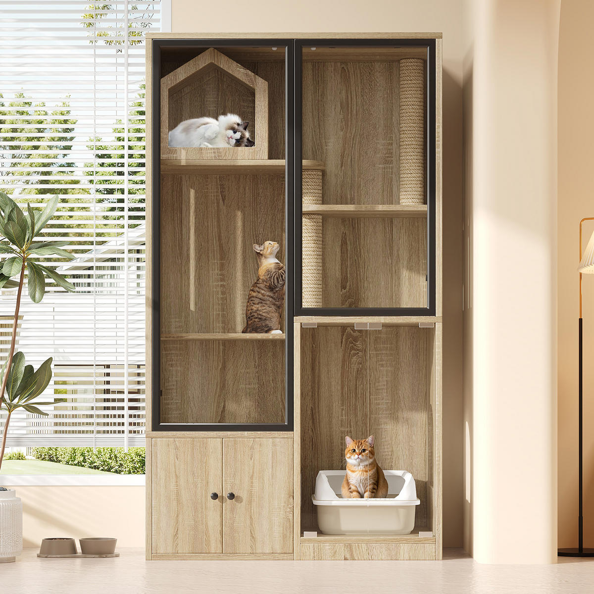 VITRINE Naturfarben aus MDF & Glas 90×50×160cm als Katzenvilla mit Panoramatür und Kratzpfosten - Naturfarben, Holzwerkstoff (50/160/90cm) - Luhomfu