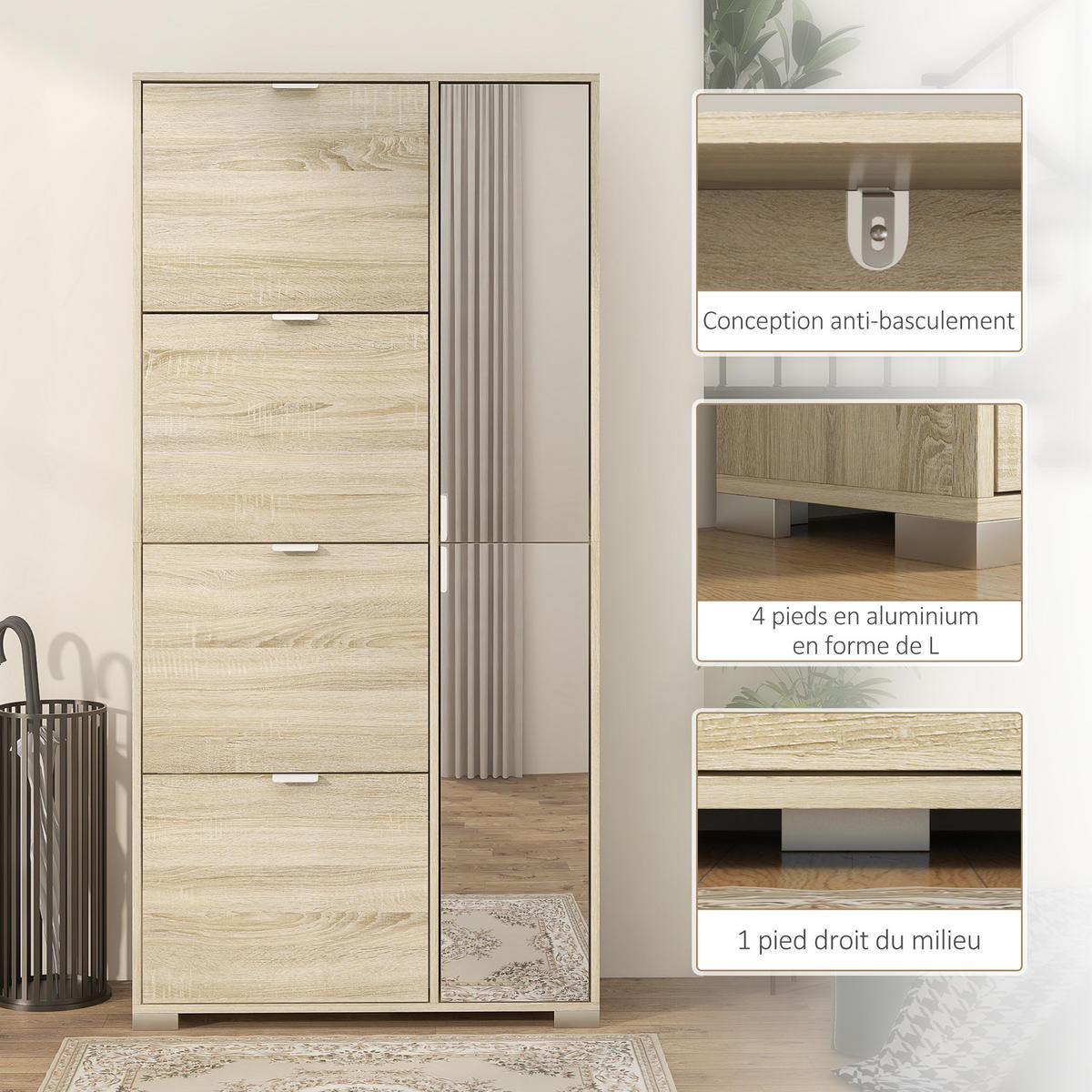 SCHUHSCHRANK DE-15005 4 Klapptüren & 2 Spiegel-Schränke Natur - Eichefarben, Holzwerkstoff (82/168/30cm) - ComfortXL