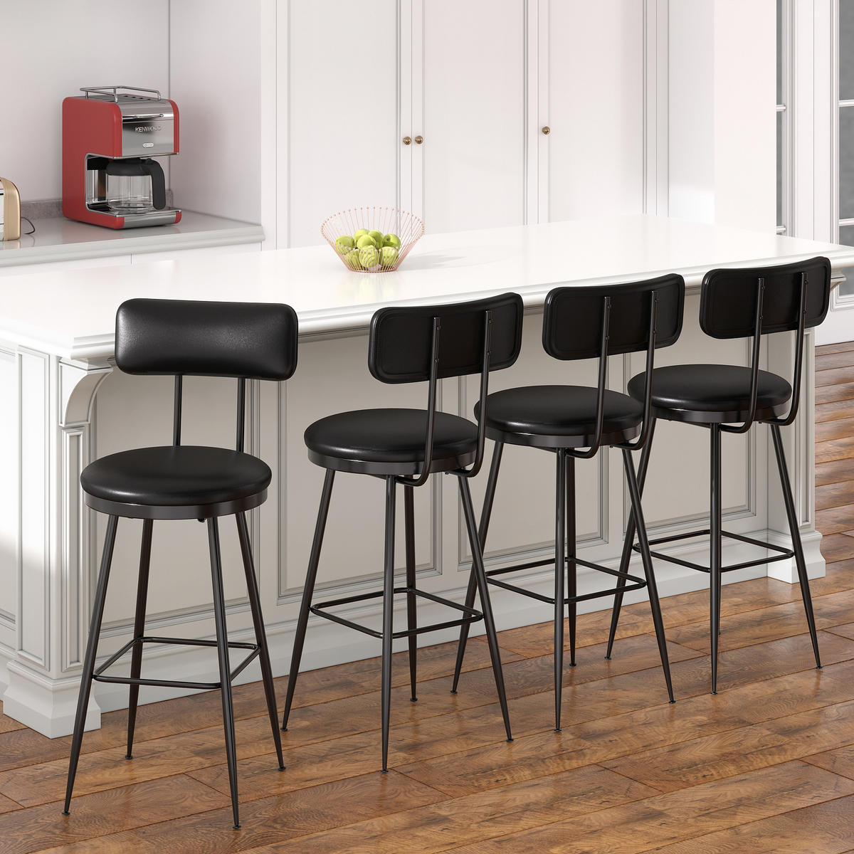 BARHOCKER 4er Set Metallgestell Kunstleder Rückenlehne Fußstütze 65 cm schwarz - Schwarz, Holz (38/85.5/38cm) - Fortuna Lai