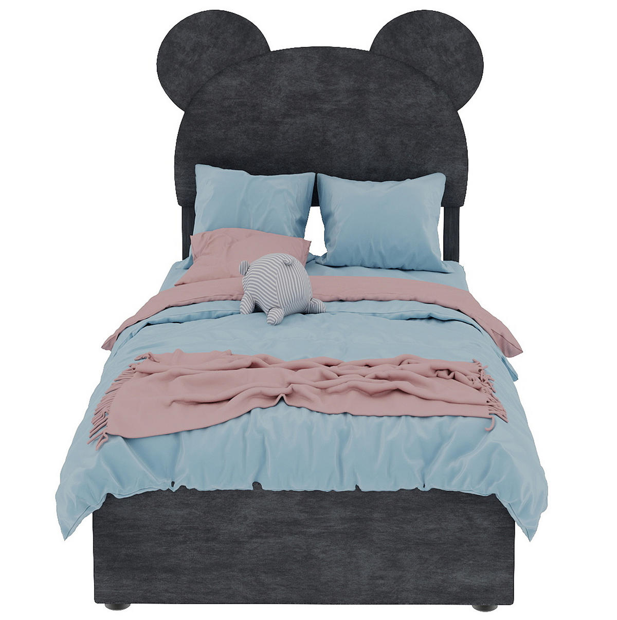 KINDERBETT 90/200 cm mit Cartoon-Kopfteil, Bettkasten mit Gaslift und Stoffbezug, Grau - Grau, Textil (90/200cm) - Redom